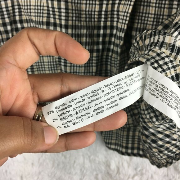 ZARA Basic Plaid Black and White Ruched Sleeves Shirt Size M New - Picture 7 of 7